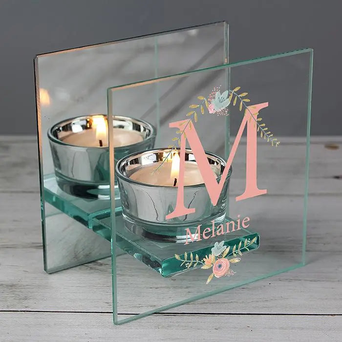 Personalised Floral Bouquet Mirrored Glass Tea Light Candle Holder: 1 - Candle Holders By Gift Moments
