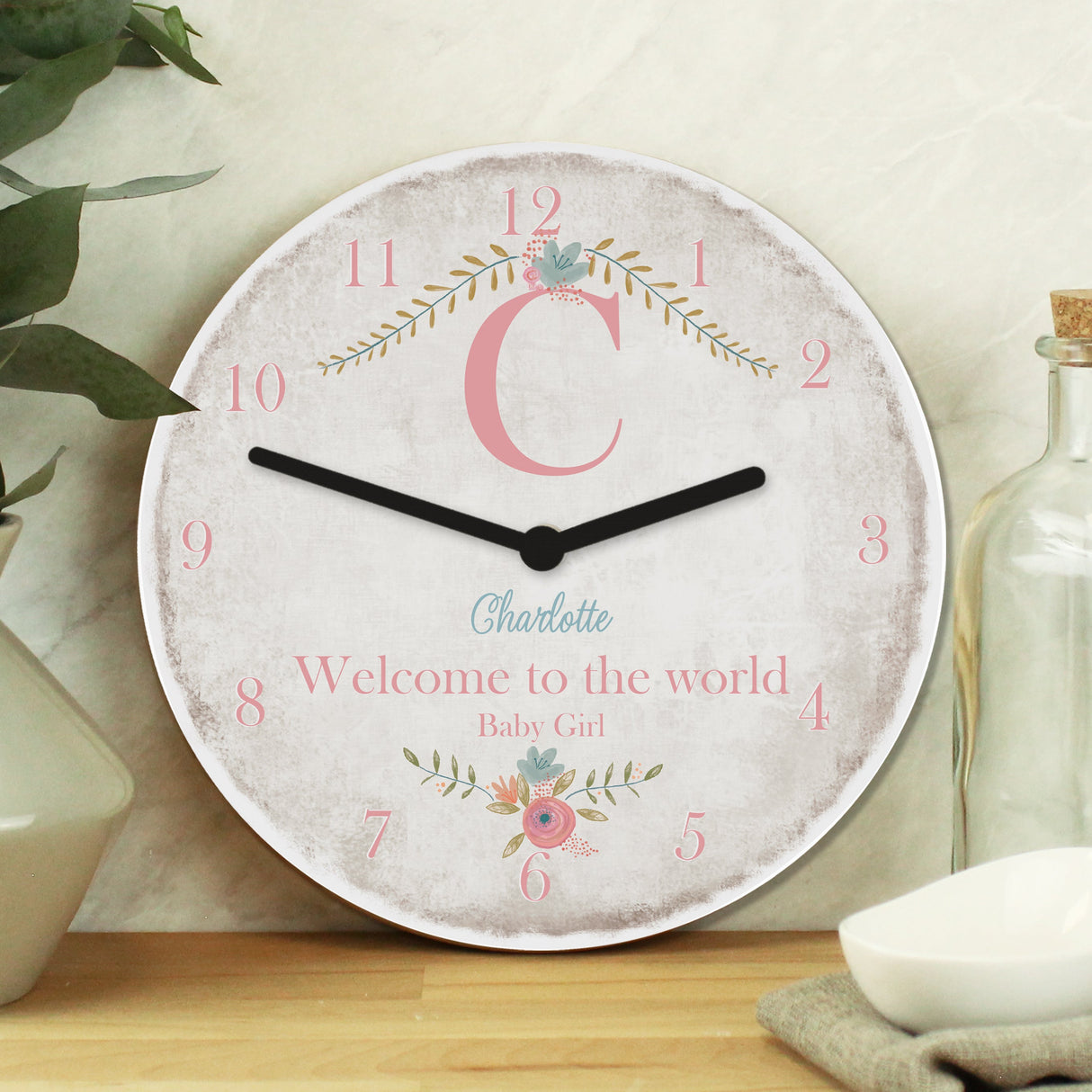 Personalised Floral Bouquet Shabby Chic Large Wooden Clock: 1 - Clocks By Gift Moments
