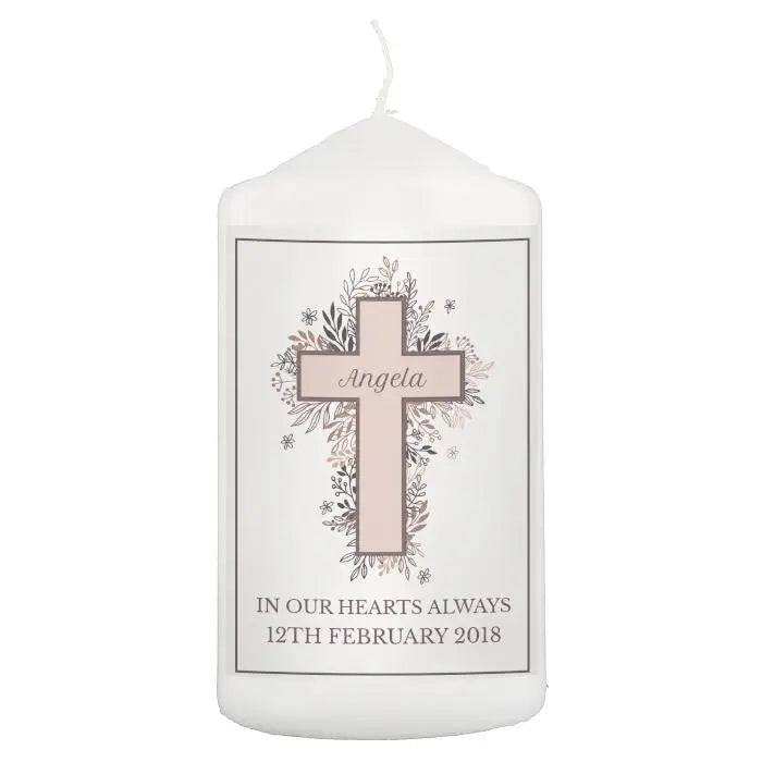 Personalised Floral Cross Pillar Candle: 4 - Candles By Gift Moments