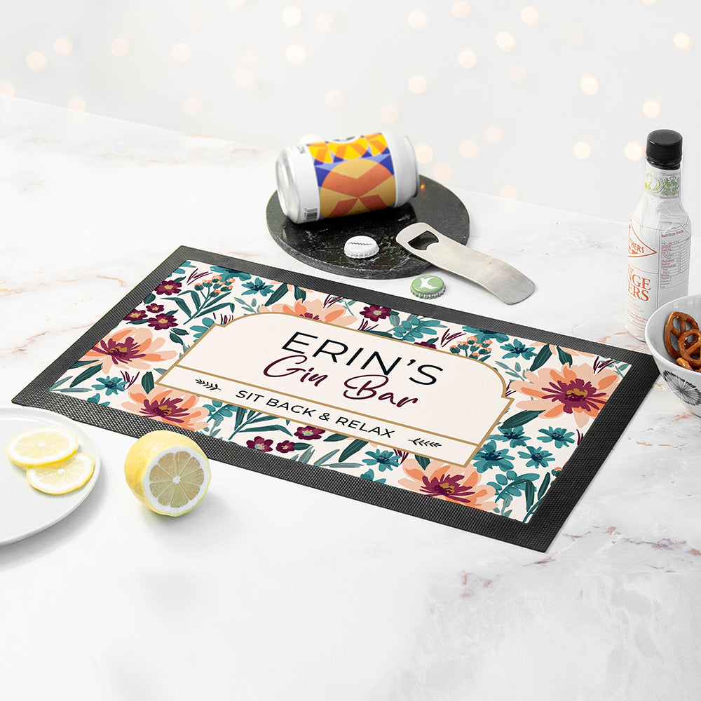 Personalised Floral Gin Bar Mat: 2 - Barware By Gift Moments