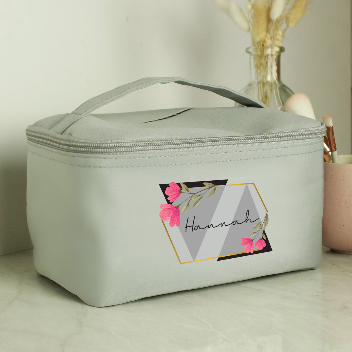 Personalised Floral Grey Toiletry Bag: 3 - Toiletry & Makeup Bags By Gift Moments