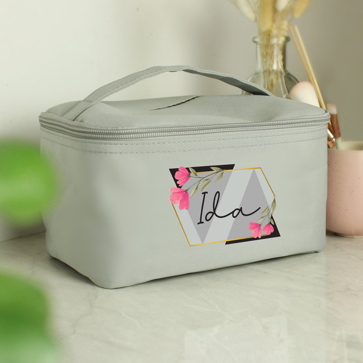 Personalised Floral Grey Toiletry Bag: 1 - Toiletry & Makeup Bags By Gift Moments
