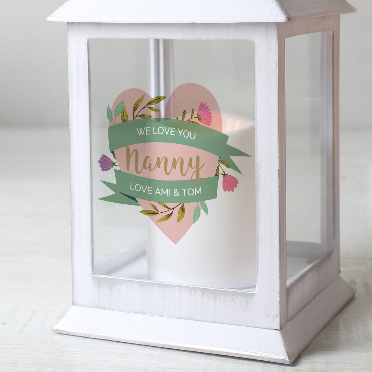Personalised Floral Heart Mothers Day White Lantern: 4 - LED Lighting By Gift Moments
