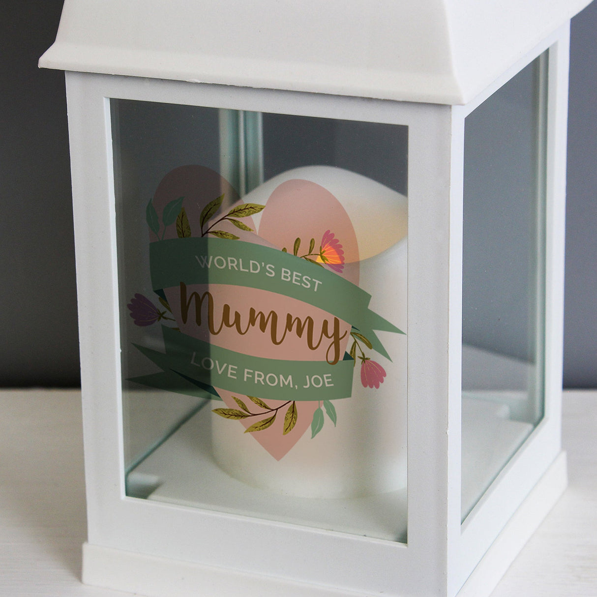 Personalised Floral Heart Mothers Day White Lantern: 7 - LED Lighting By Gift Moments