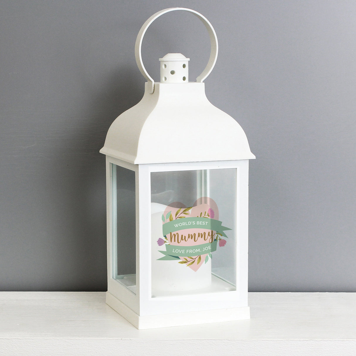 Personalised Floral Heart Mothers Day White Lantern: 6 - LED Lighting By Gift Moments