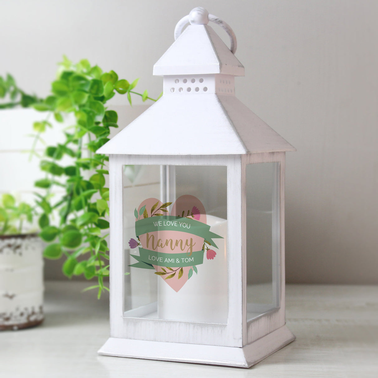Personalised Floral Heart Mothers Day White Lantern: 2 - LED Lighting By Gift Moments