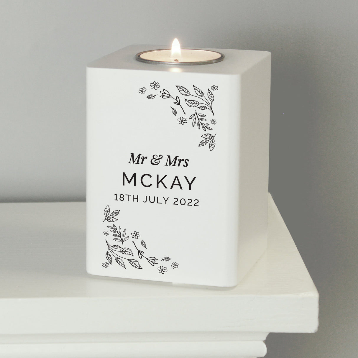 Personalised Floral Leaf White Wooden Tealight Holder - Shop Candle Holders At Gift Moments - 4