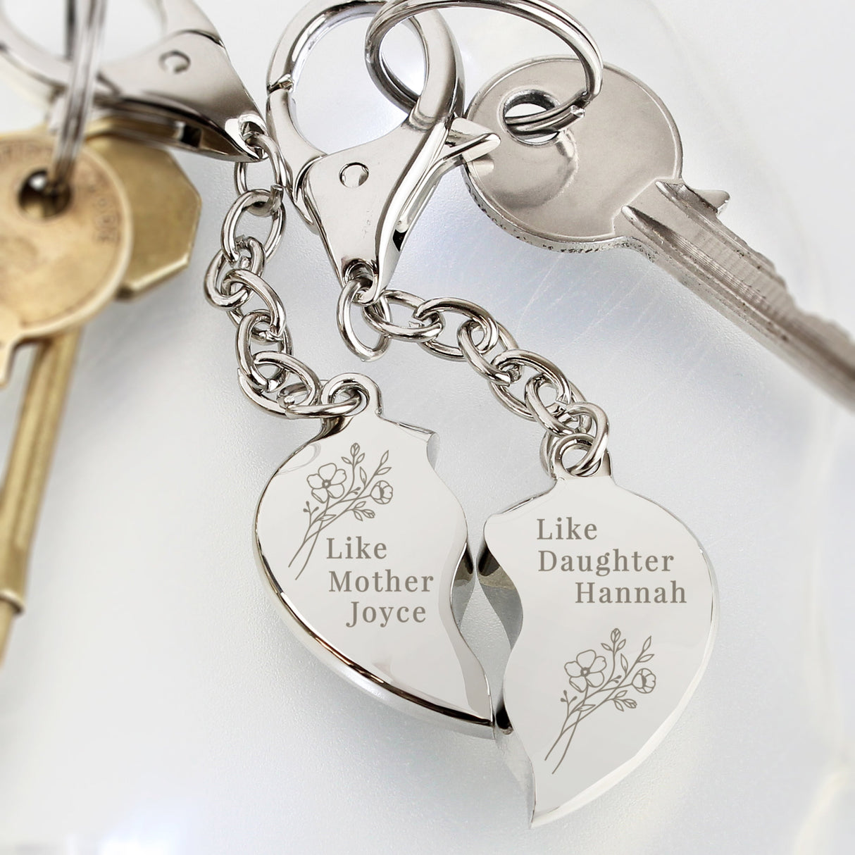 Personalised Floral Mother Daughter Two Heart Keyring: 3 - Keyrings By Gift Moments