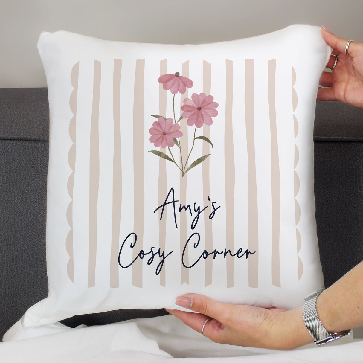 Personalised Floral Stripe Cushion: 2 - Cushions By Gift Moments