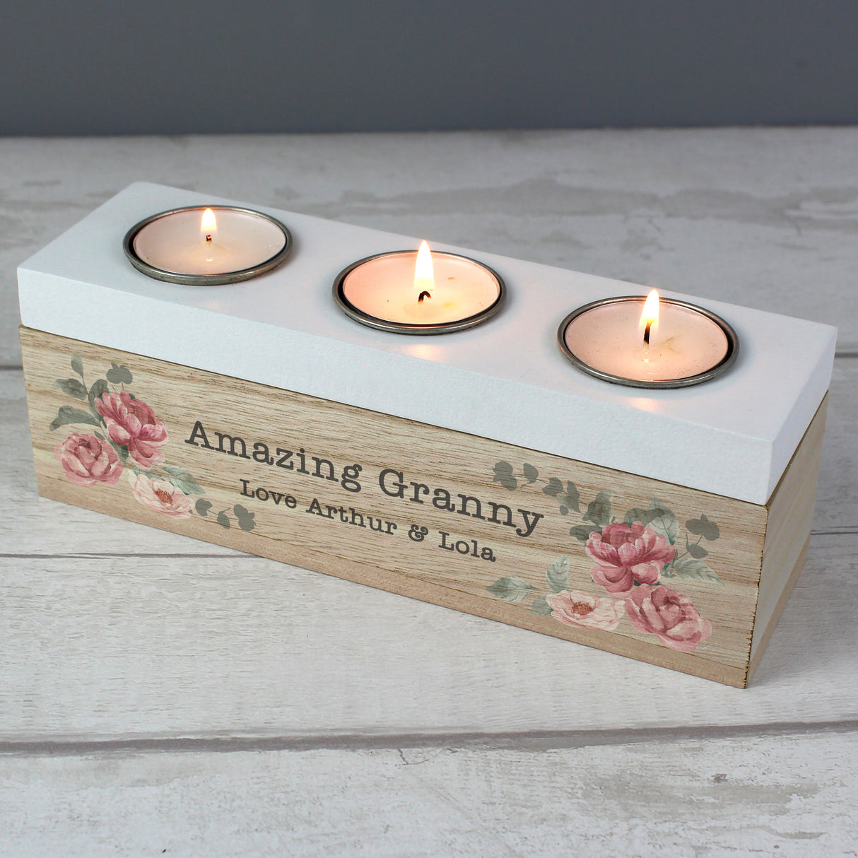 Personalised Floral Watercolour Triple Tealight Box: 2 - Candle Holders By Gift Moments