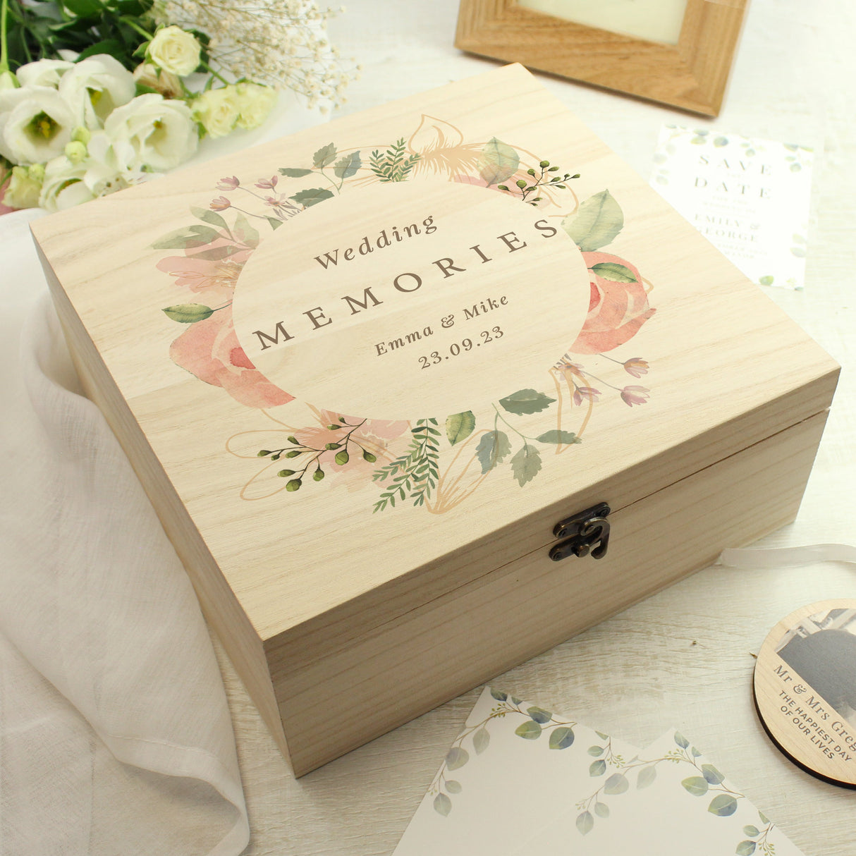 Personalised Floral Watercolour Wooden Keepsake box - Shop Keepsake Boxes At Gift Moments - 1