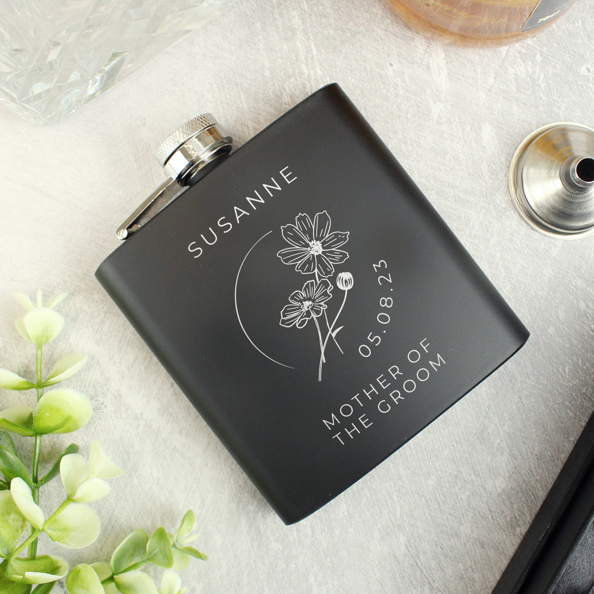 Personalised Floral Wedding Party Black Hip Flask: 3 - Hip Flasks By Gift Moments