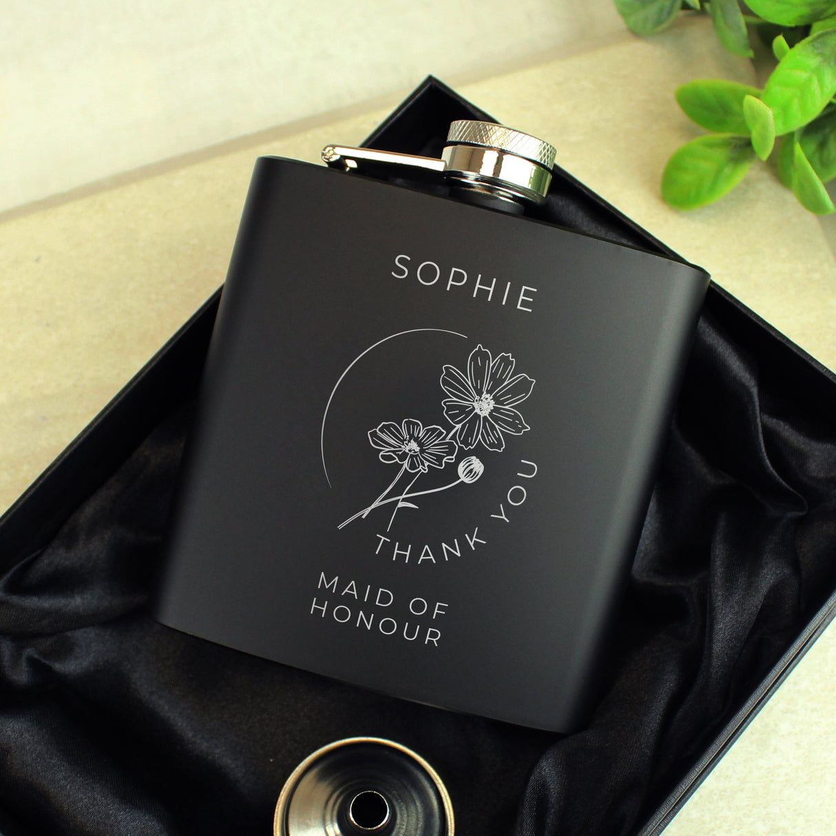 Personalised Floral Wedding Party Black Hip Flask: 1 - Hip Flasks By Gift Moments
