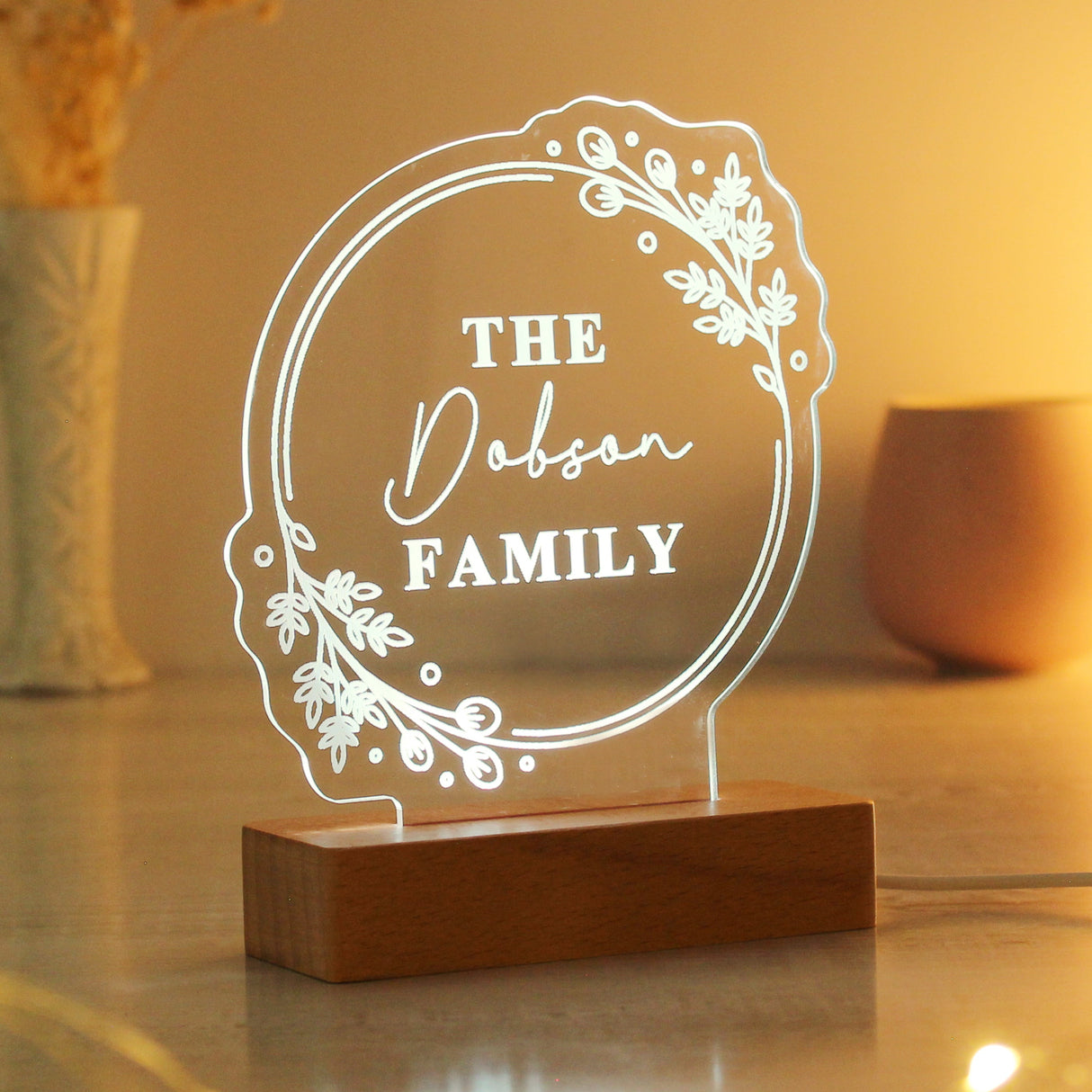 Personalised Floral Wooden Based LED Light: 6 - LED Lighting By Gift Moments