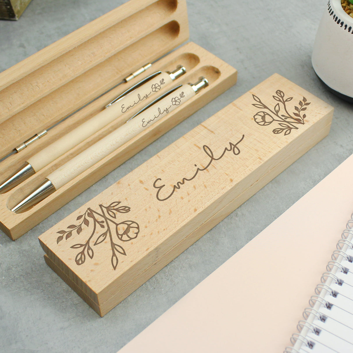 Personalised Floral Wooden Pen and Pencil Set: 1 - Pens & Pencils By Gift Moments