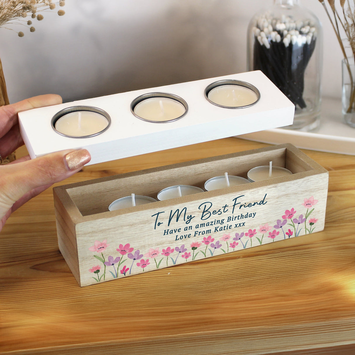 Personalised Floral Wooden Triple Tea Light Box: 2 - Candle Holders By Gift Moments
