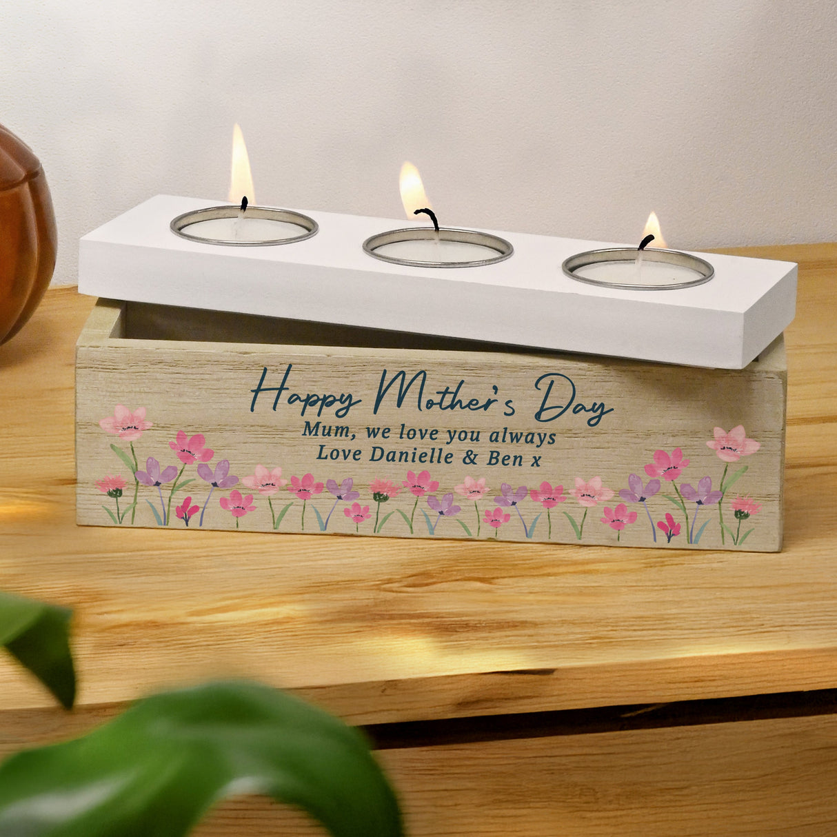 Personalised Floral Wooden Triple Tea Light Box: 3 - Candle Holders By Gift Moments