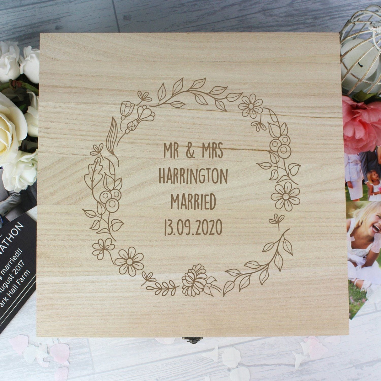 Personalised Floral Wreath Large Wooden Keepsake Box - Shop Keepsake Boxes At Gift Moments - 3