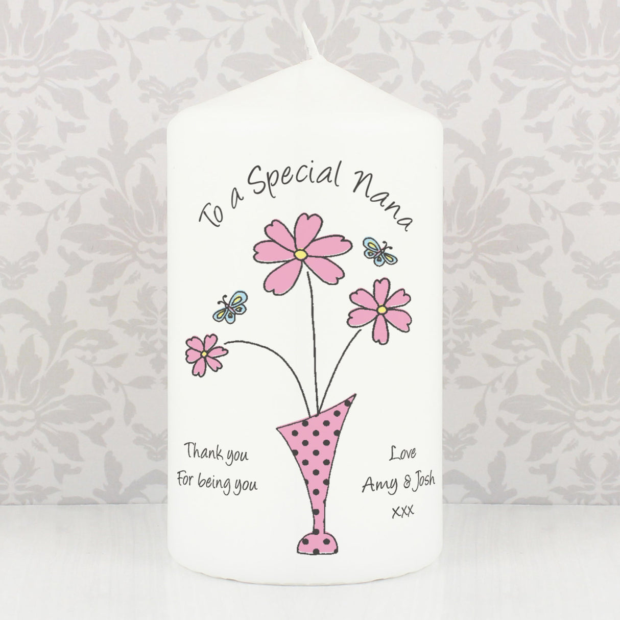 Personalised Flower in Vase Message Pillar Candle - Shop Candles At Gift Moments - 1