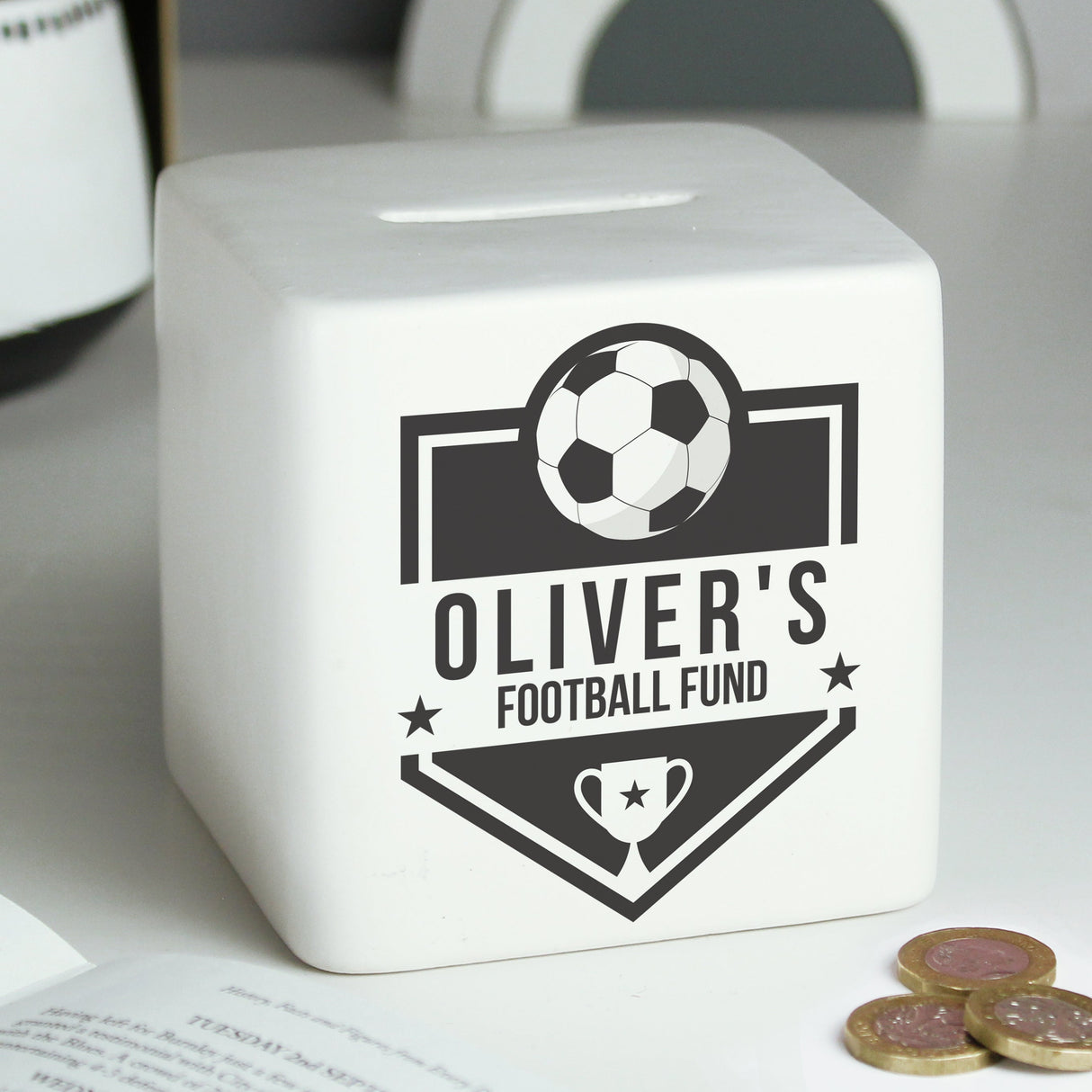 Personalised Football Badge Ceramic Square Money Box: 3 - Money Boxes By Gift Moments