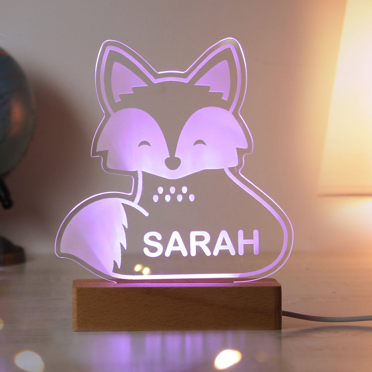 Personalised Fox Wooden Based LED Light: 6 - LED Lighting By Gift Moments