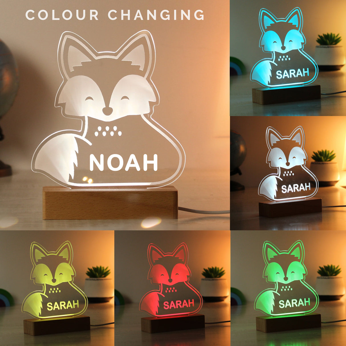 Personalised Fox Wooden Based LED Light: 2 - LED Lighting By Gift Moments