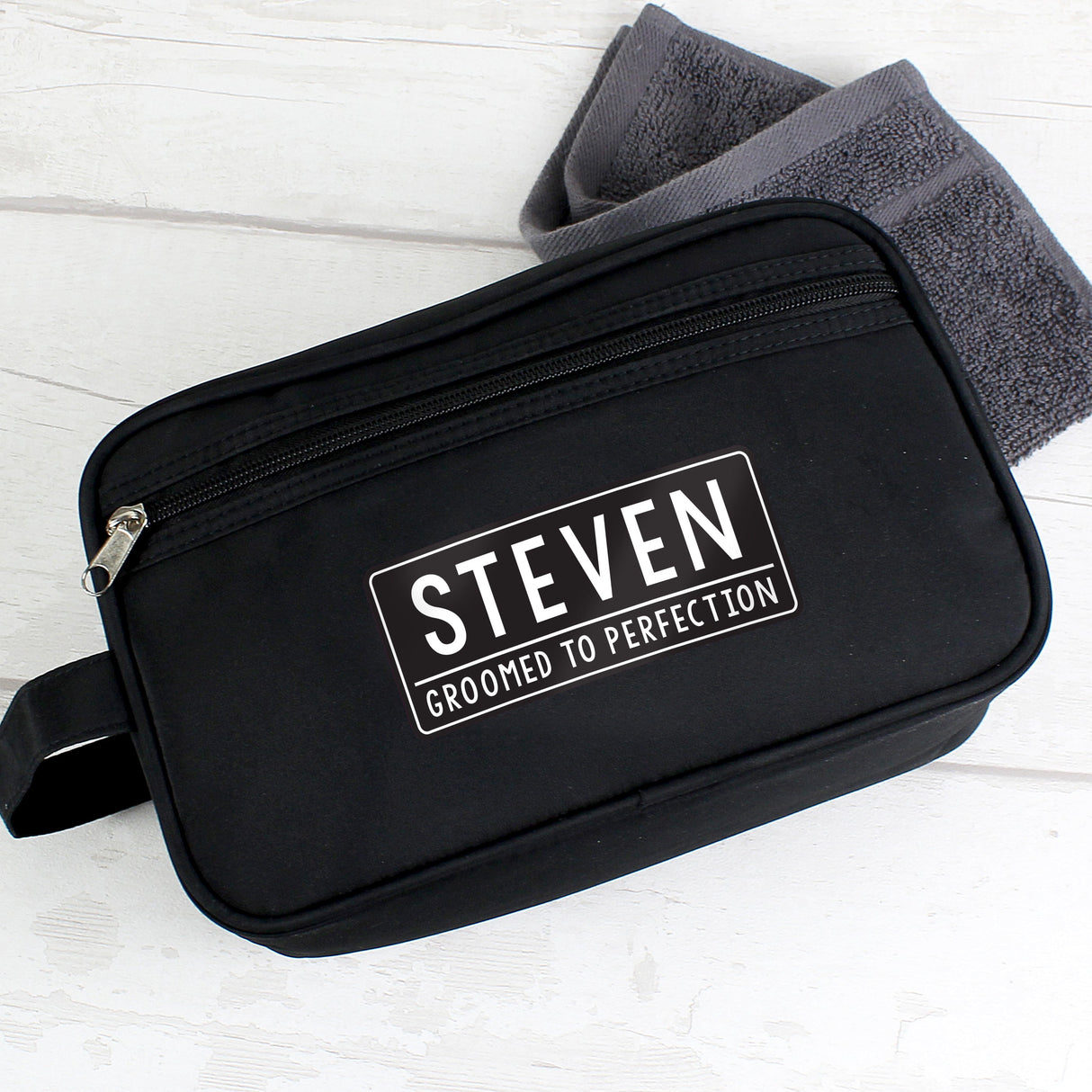 Personalised Free Text Black Toiletry Bag: 6 - Toiletry & Makeup Bags By Gift Moments