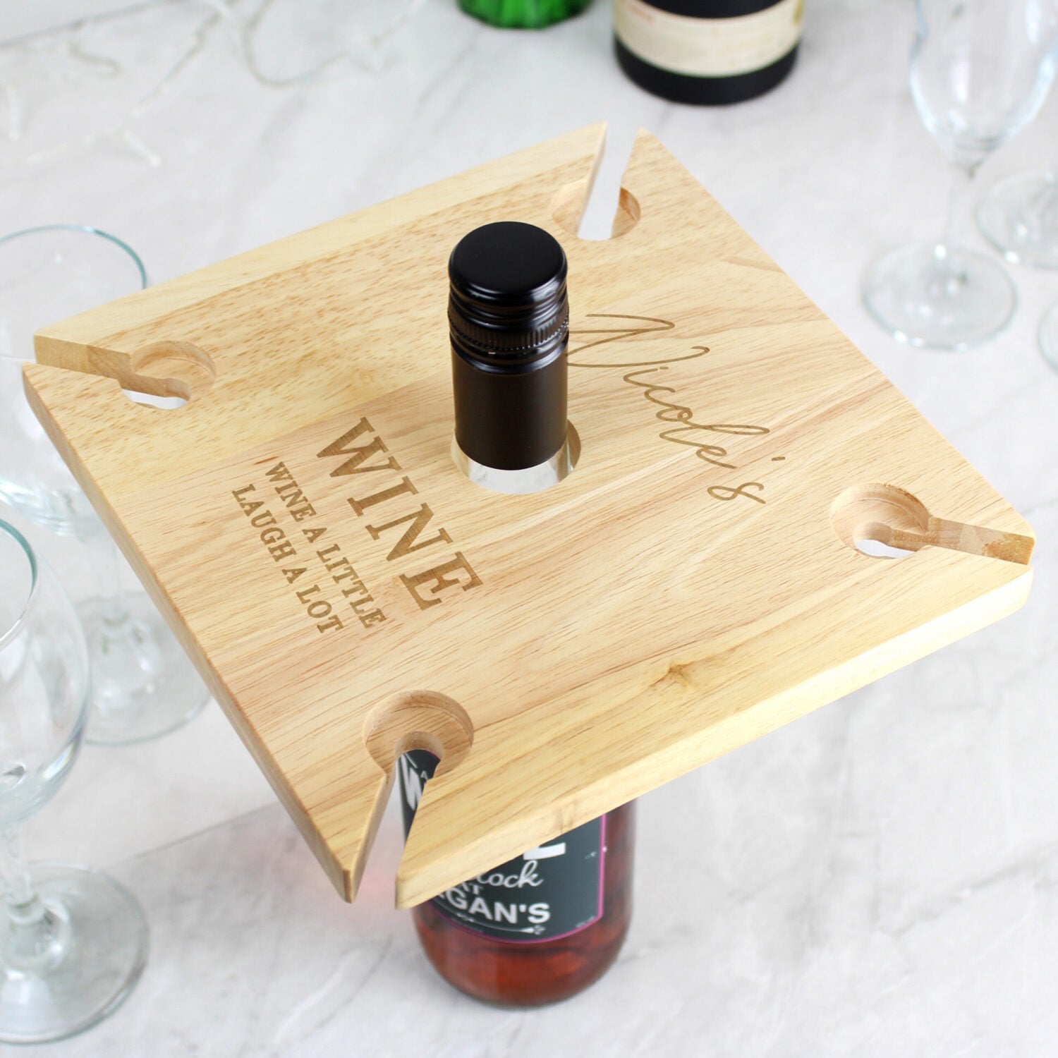 Personalised Free Text Four Wine Glass Holder & Bottle Holder: 2 - Barware By Gift Moments