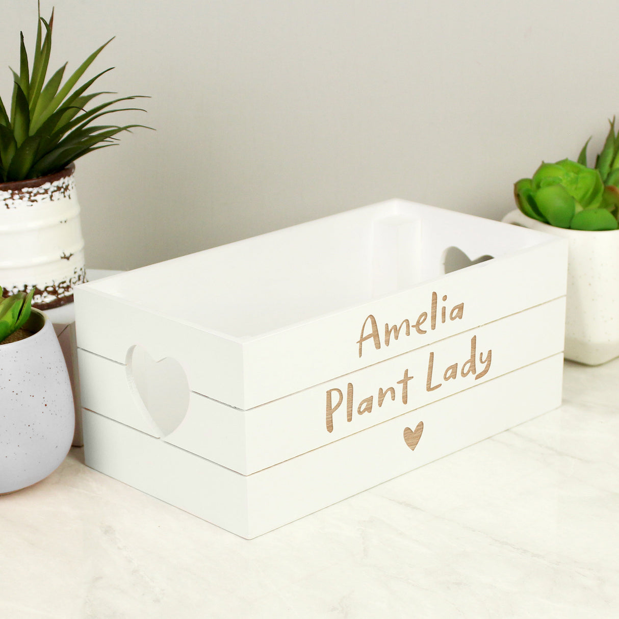 Personalised Free Text Heart White Wooden Crate: 4 - Storage By Gift Moments