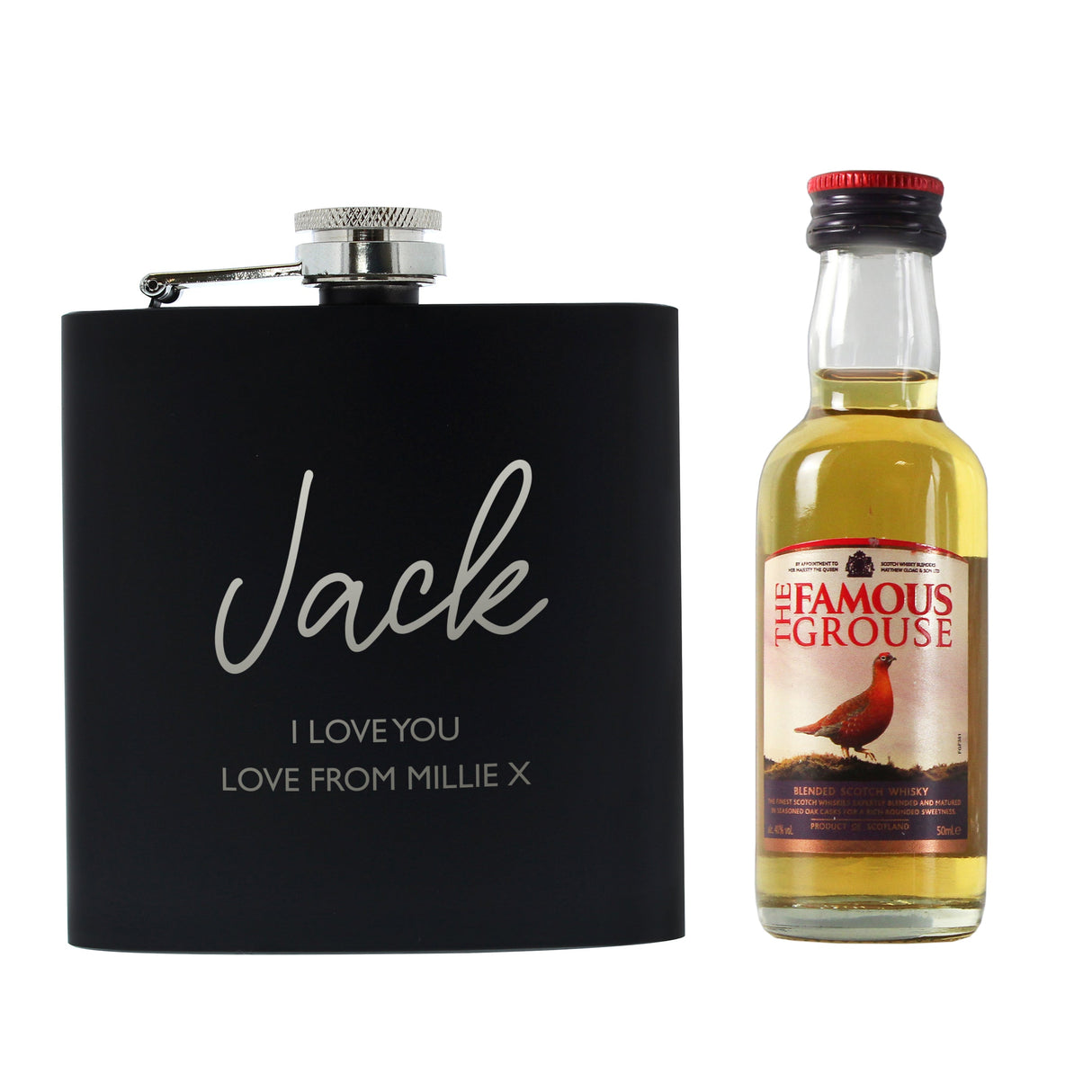 Personalised Free Text Hipflask and Whisky Miniature Set: 5 - Alcohol Sets By Gift Moments