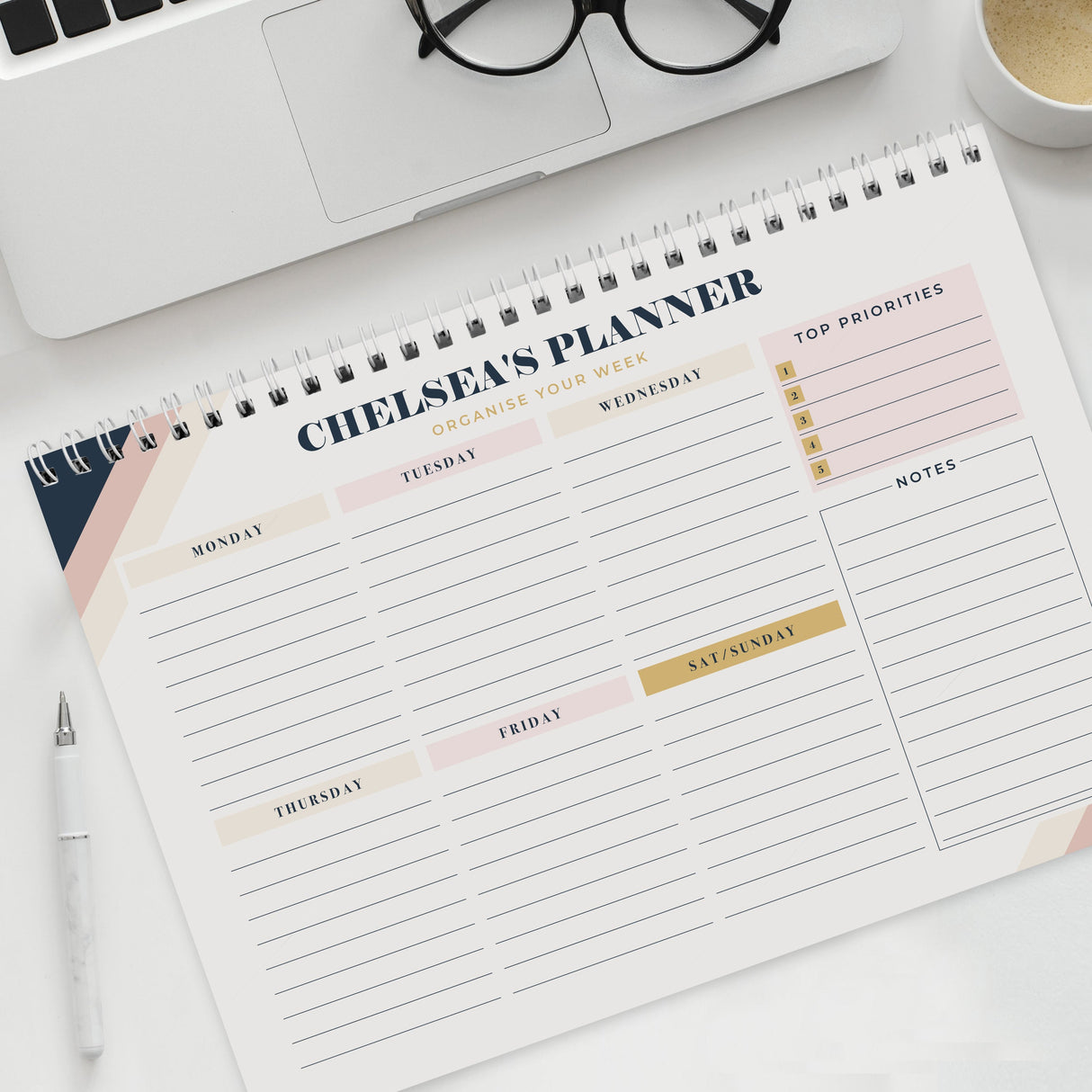 Personalised Free Text Navy & Blush A4 Desk Planner - Shop Calendars & Planners At Gift Moments - 2