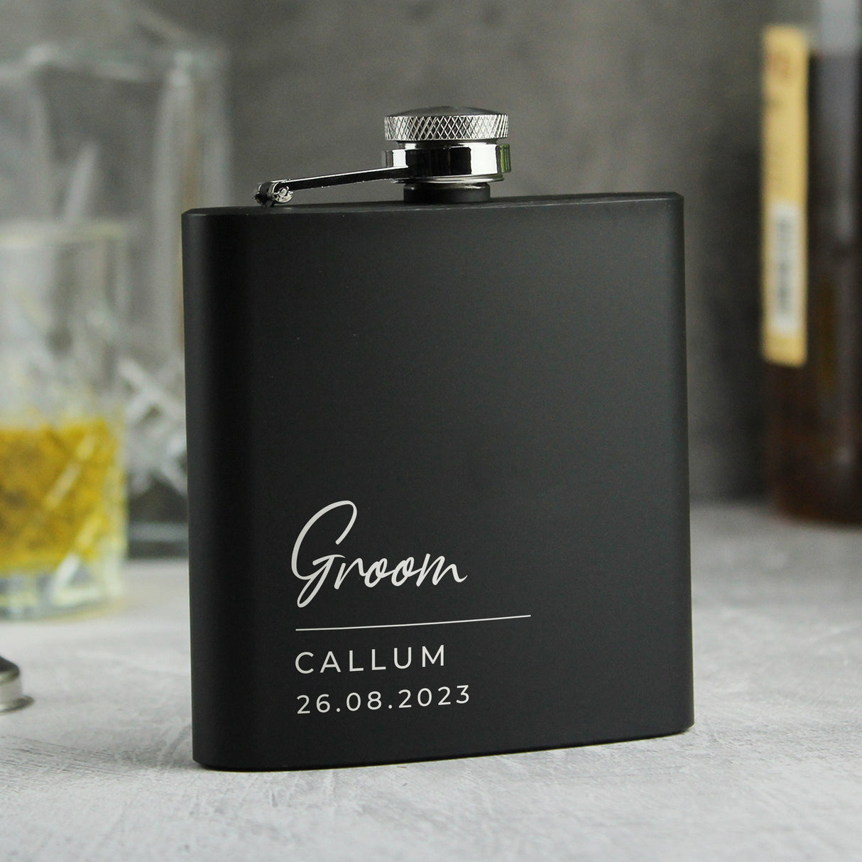Personalised Free Text Script Black Hip Flask: 7 - Hip Flasks By Gift Moments