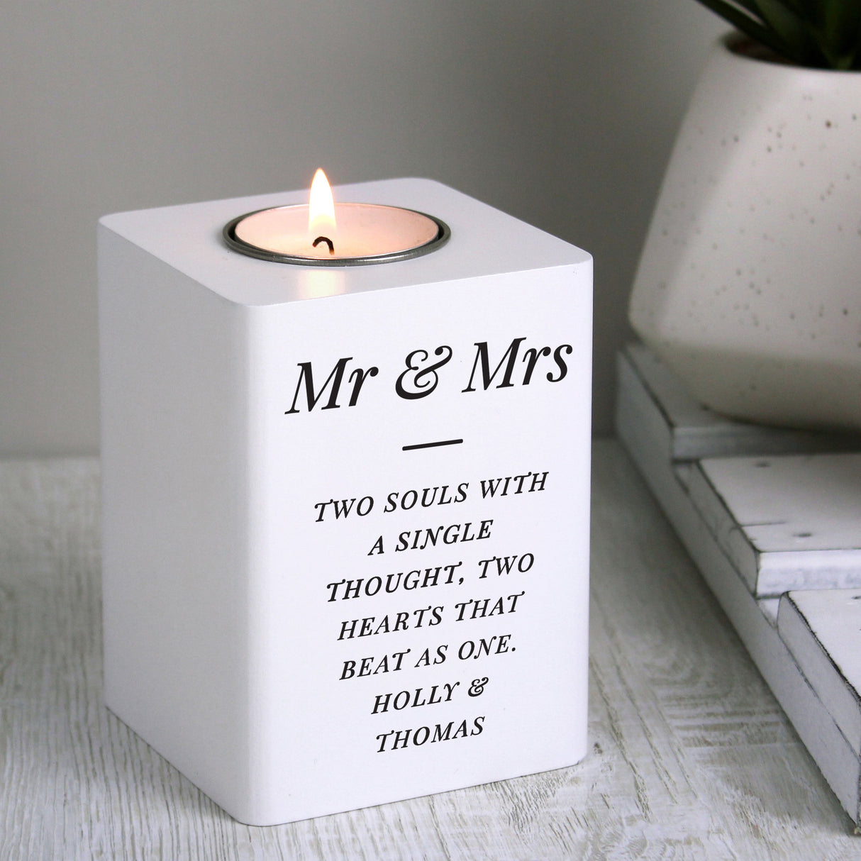 Personalised Free Text White Wooden Tea light Holder: 2 - Candle Holders By Gift Moments