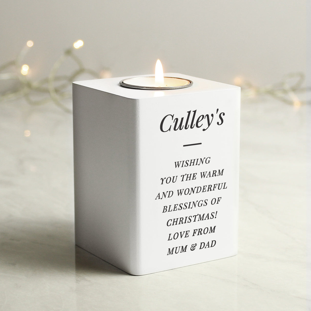 Personalised Free Text White Wooden Tea light Holder: 5 - Candle Holders By Gift Moments