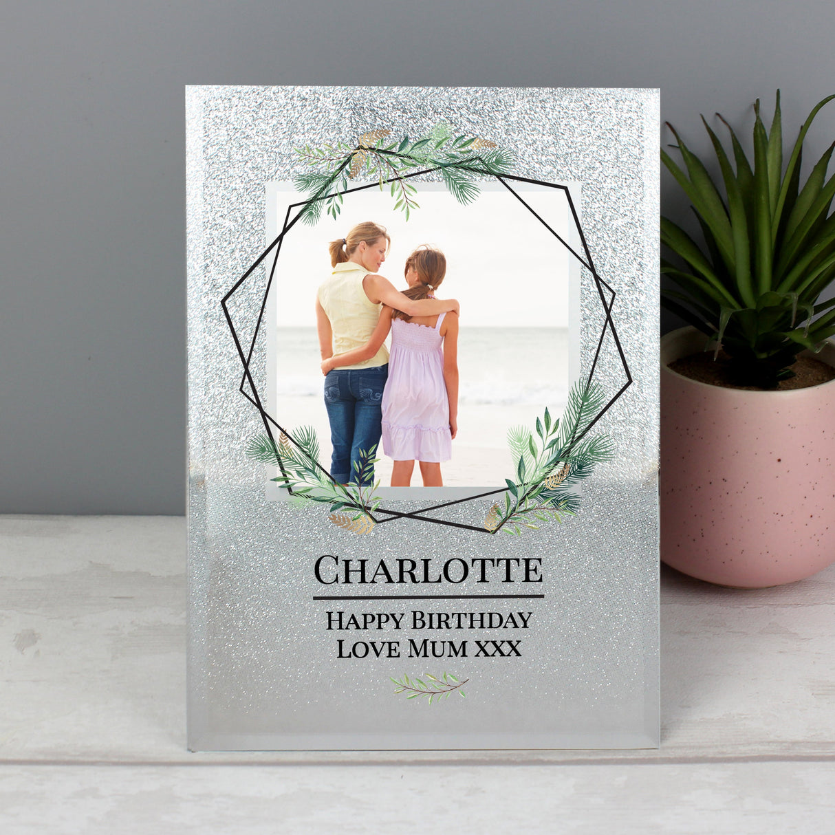 Personalised Geo Leaves 4x4 Glitter Glass Photo Frame: 8 - Photo Frames By Gift Moments