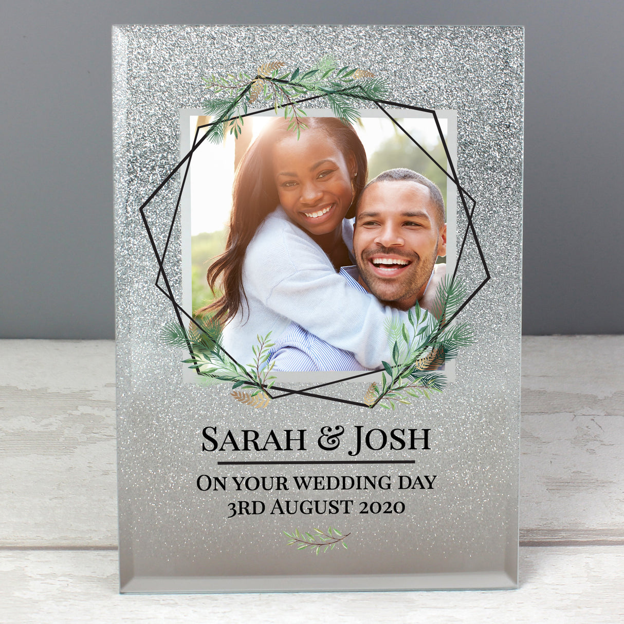 Personalised Geo Leaves 4x4 Glitter Glass Photo Frame: 7 - Photo Frames By Gift Moments