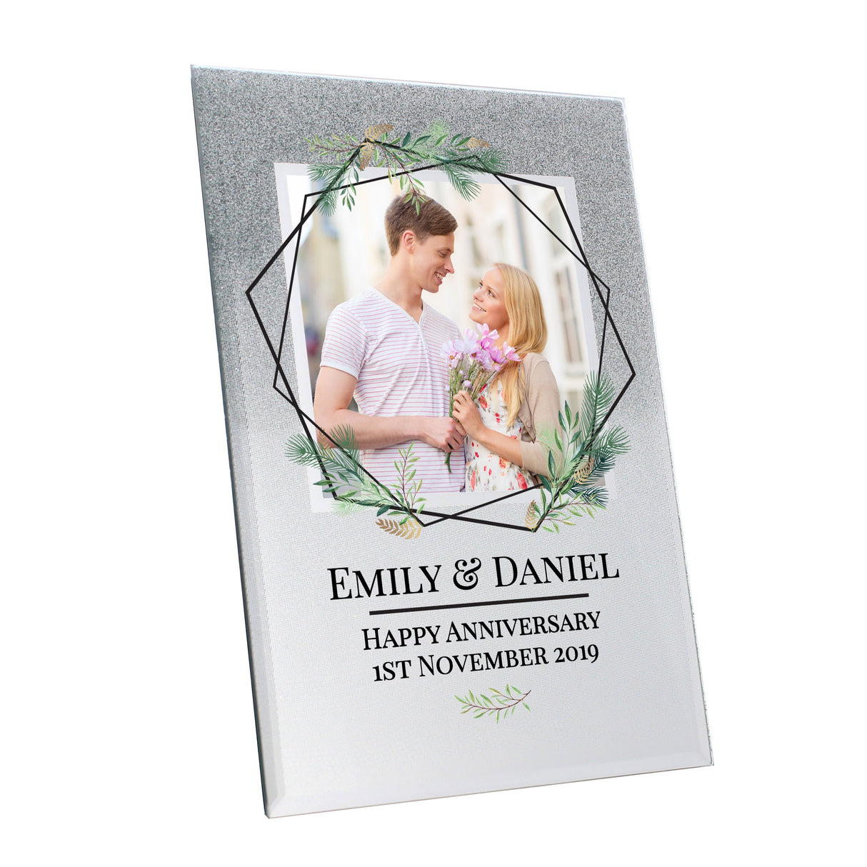 Personalised Geo Leaves 4x4 Glitter Glass Photo Frame: 5 - Photo Frames By Gift Moments