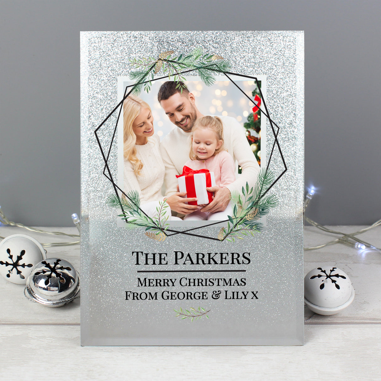 Personalised Geo Leaves 4x4 Glitter Glass Photo Frame: 6 - Photo Frames By Gift Moments