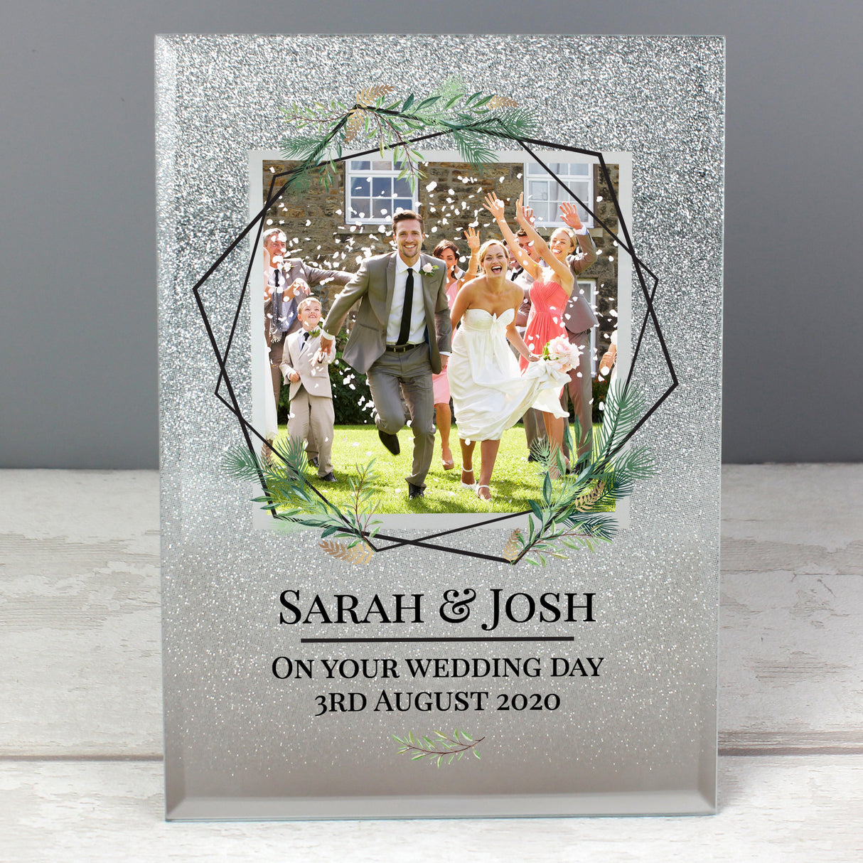 Personalised Geo Leaves 4x4 Glitter Glass Photo Frame: 2 - Photo Frames By Gift Moments