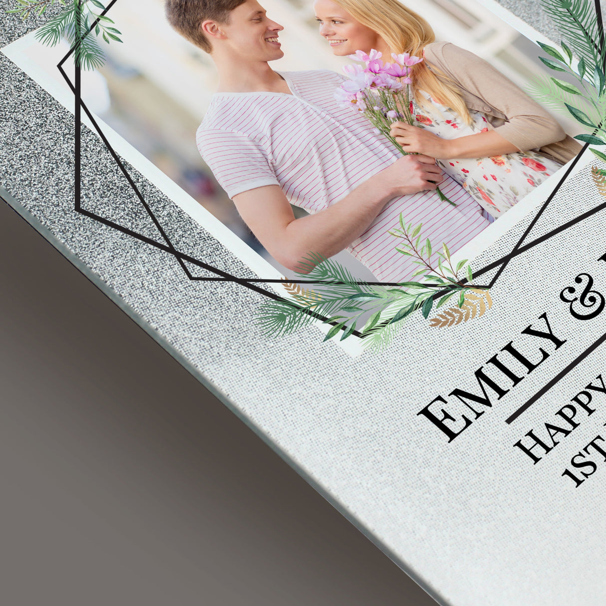 Personalised Geo Leaves 4x4 Glitter Glass Photo Frame: 4 - Photo Frames By Gift Moments