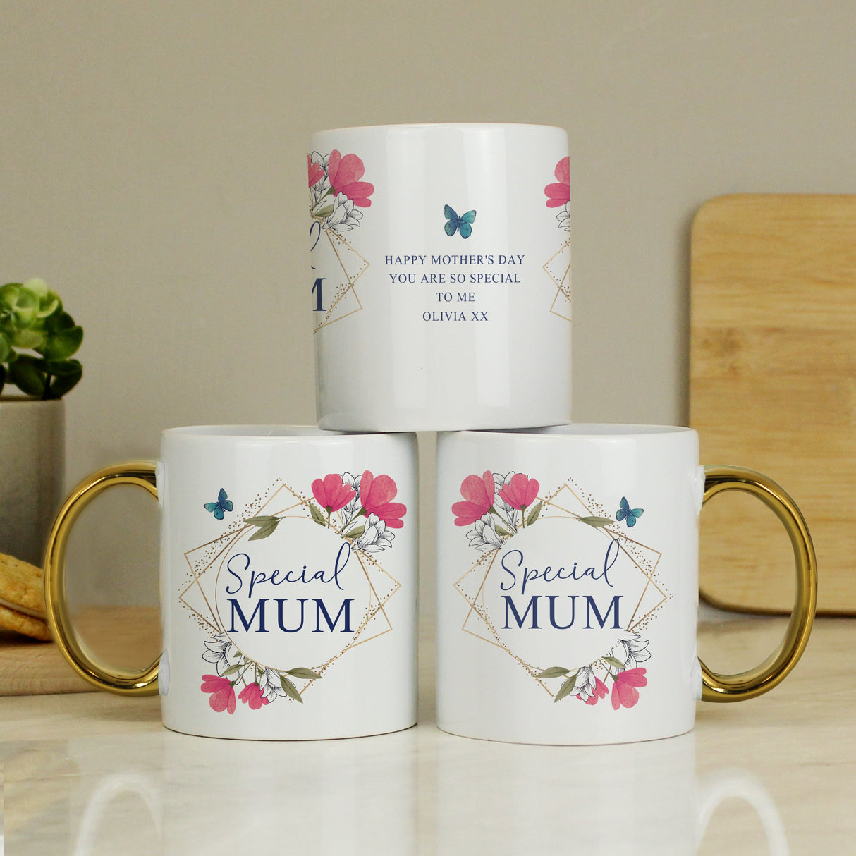 Personalised Geometric Floral Gold Handle Mug: 1 - Mugs By Gift Moments