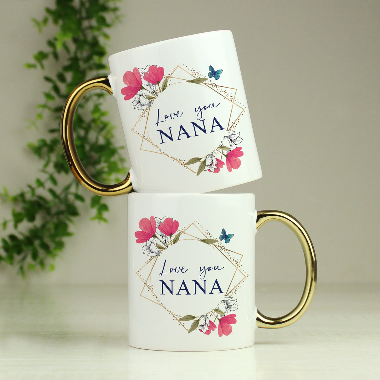 Personalised Geometric Floral Gold Handle Mug: 2 - Mugs By Gift Moments