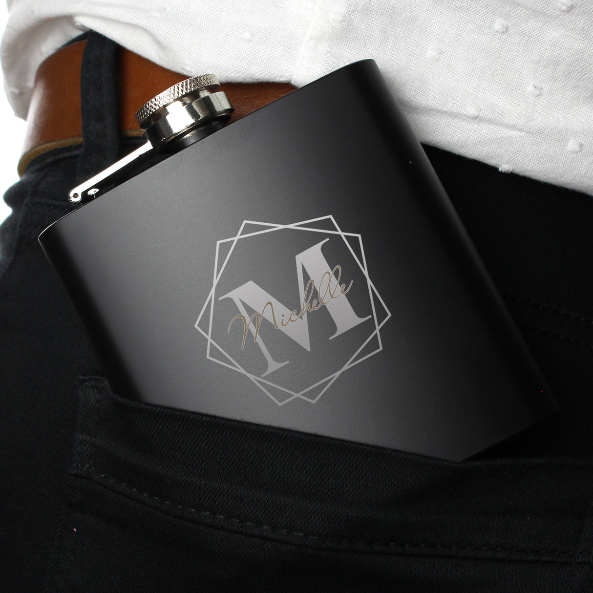 Personalised Geometric Initial Black Hip Flask: 5 - Hip Flasks By Gift Moments