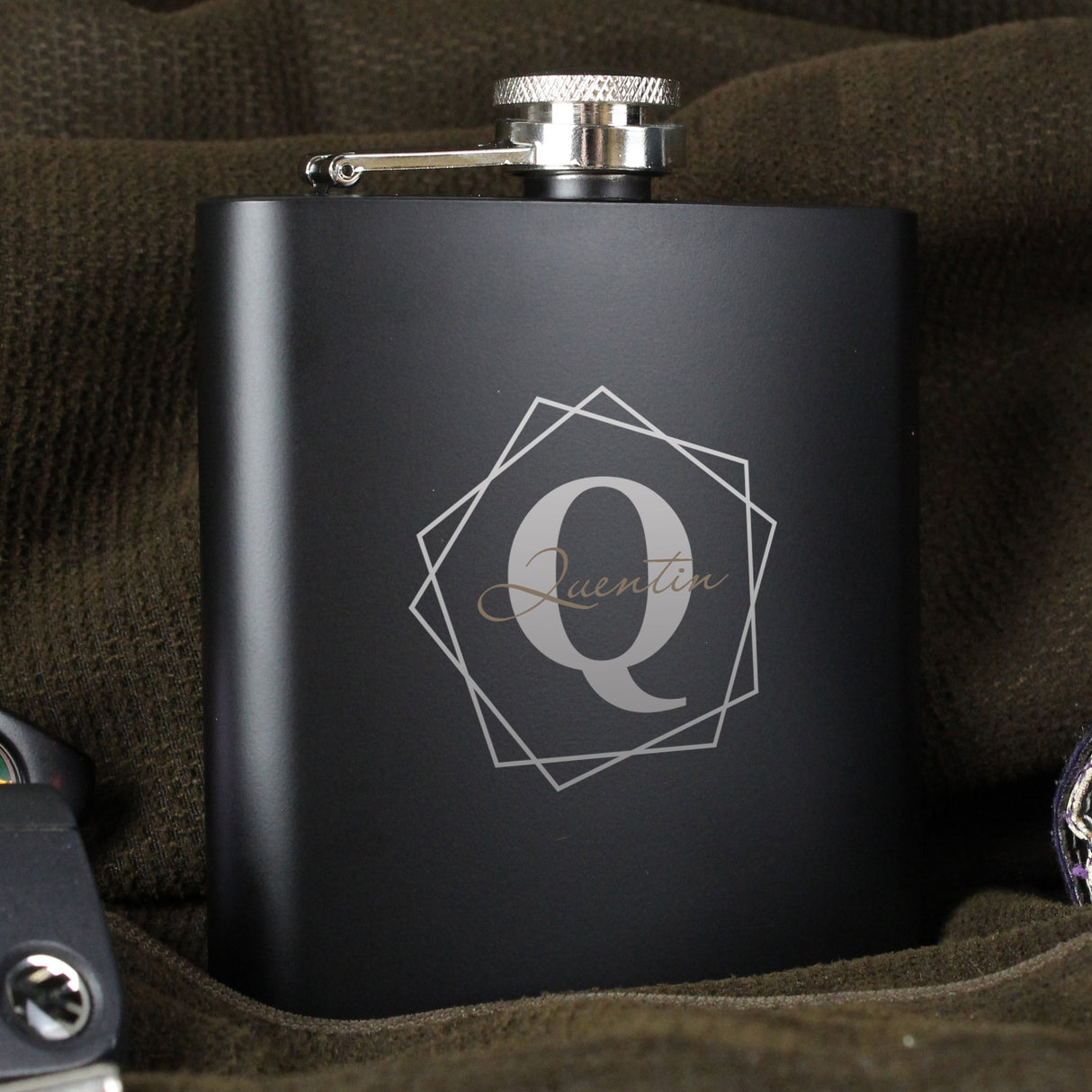 Personalised Geometric Initial Black Hip Flask: 6 - Hip Flasks By Gift Moments