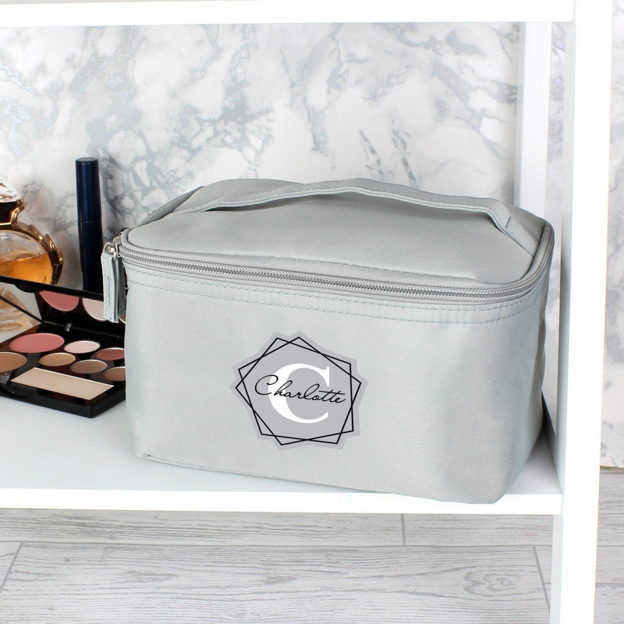 Personalised Geometric Initial Grey Toiletry Bag: 3 - Toiletry & Makeup Bags By Gift Moments