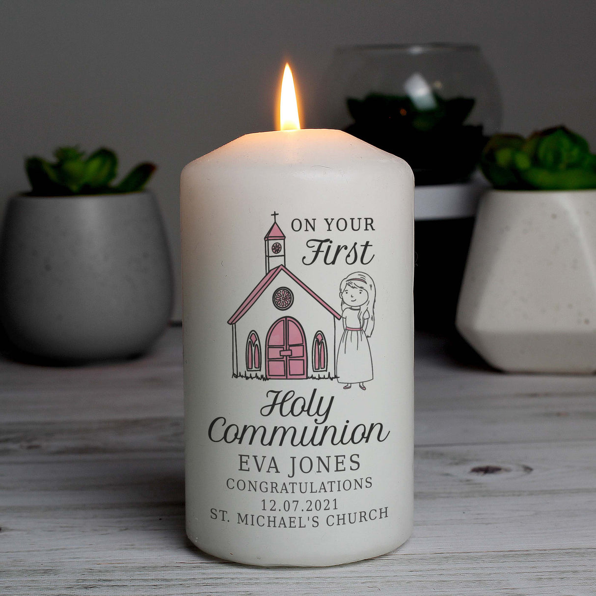 Personalised Girls First Holy Communion Pillar Candle: 1 - Candles By Gift Moments