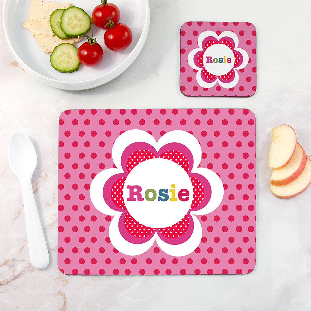 Personalised Girl’s Floral Placemat & Coaster Sets: 4 - Red Spots - Placemats By Gift Moments