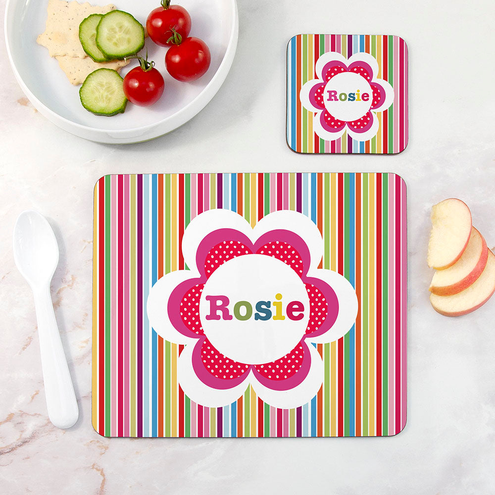Personalised Girl’s Floral Placemat & Coaster Sets: 1 - Stripes - Placemats By Gift Moments