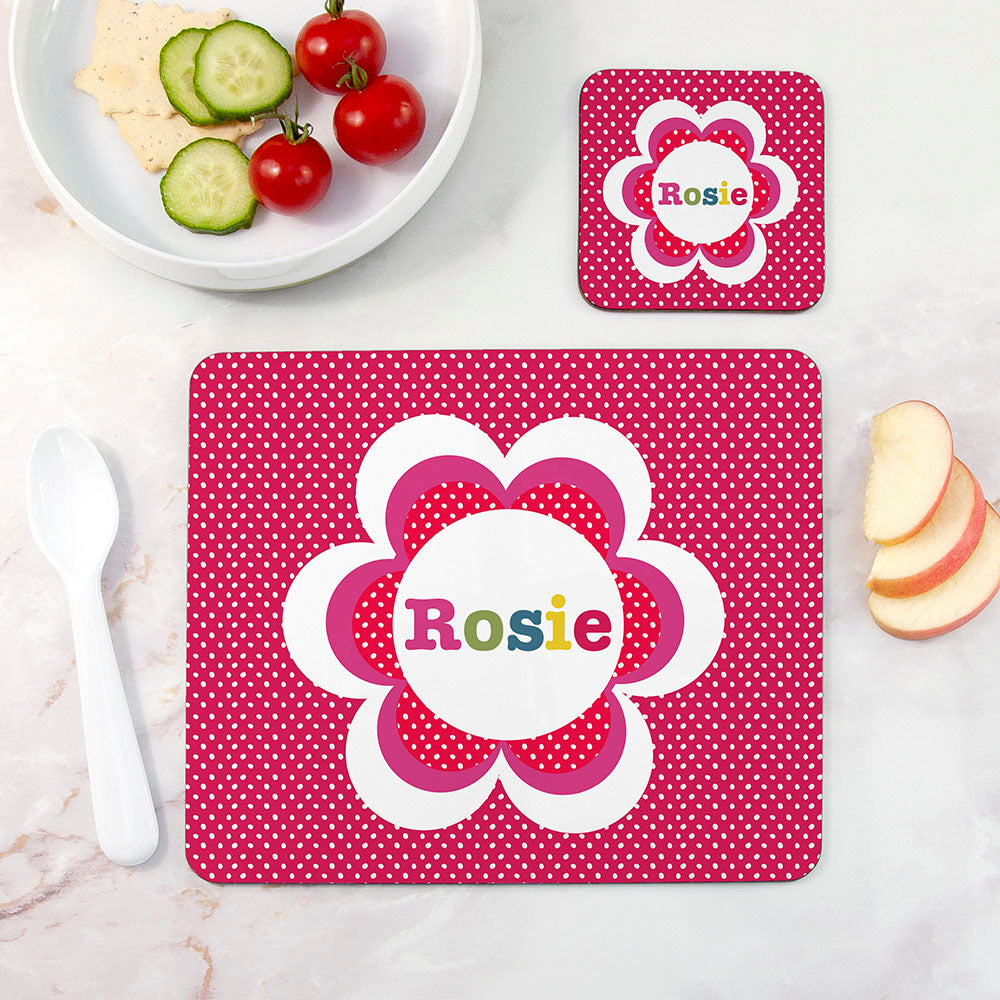 Personalised Girl’s Floral Placemat & Coaster Sets: 2 - White Spots - Placemats By Gift Moments