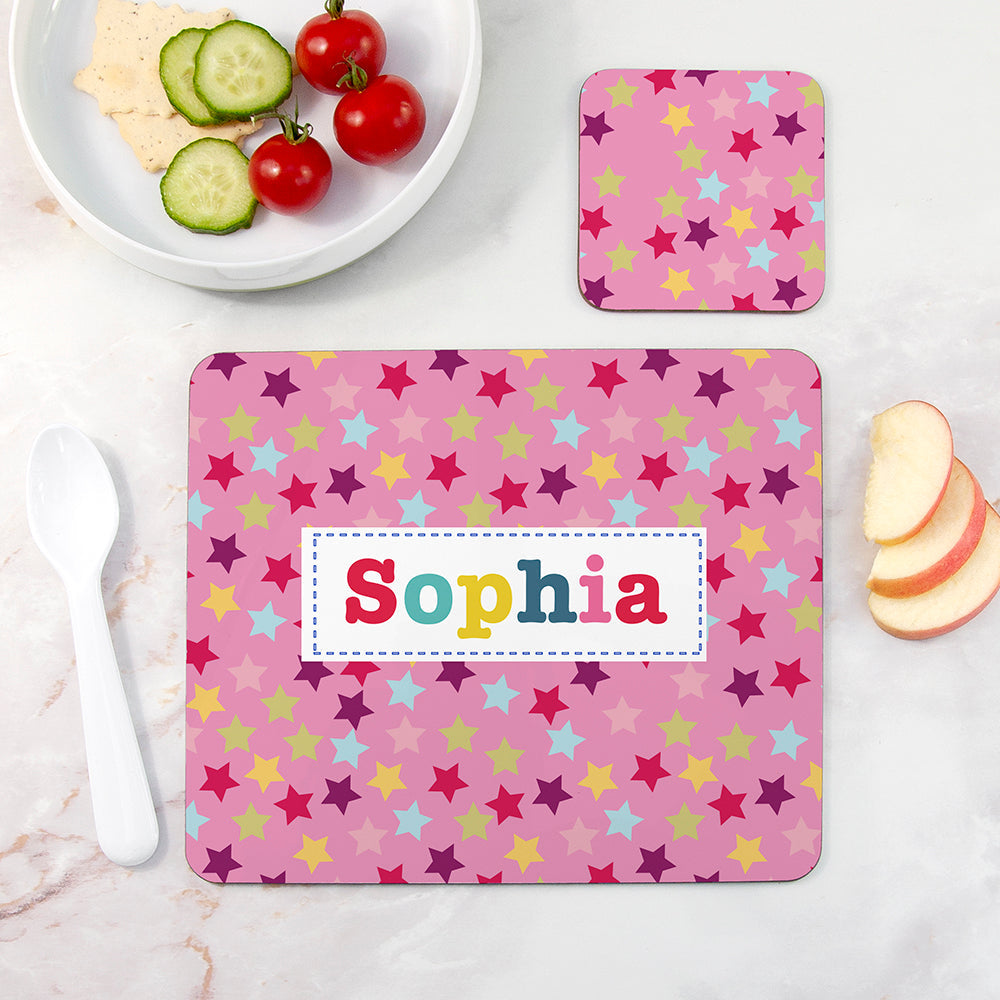 Personalised Girl’s Patterned Placemat & Coaster Sets: 3 - Colourful Stars - Placemats By Gift Moments